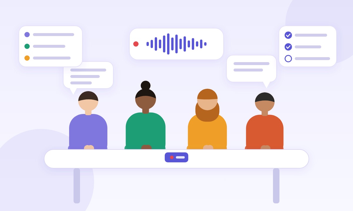 Illustration: a team around a meeting table, with a recording waveform turning into transcript lines and a checklist